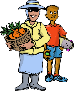 illustration of a person with a skateboard and a person with a basket with carrots