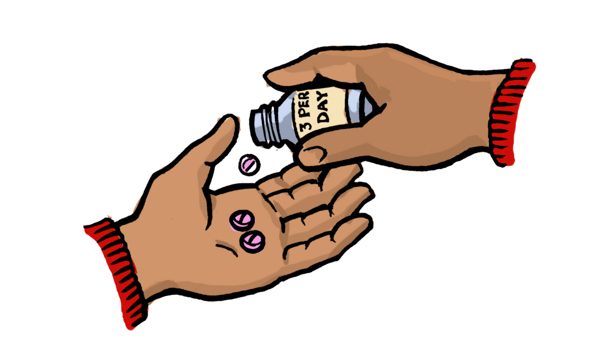 illustration of pouring medical pills into hand from a bottle that says three per day