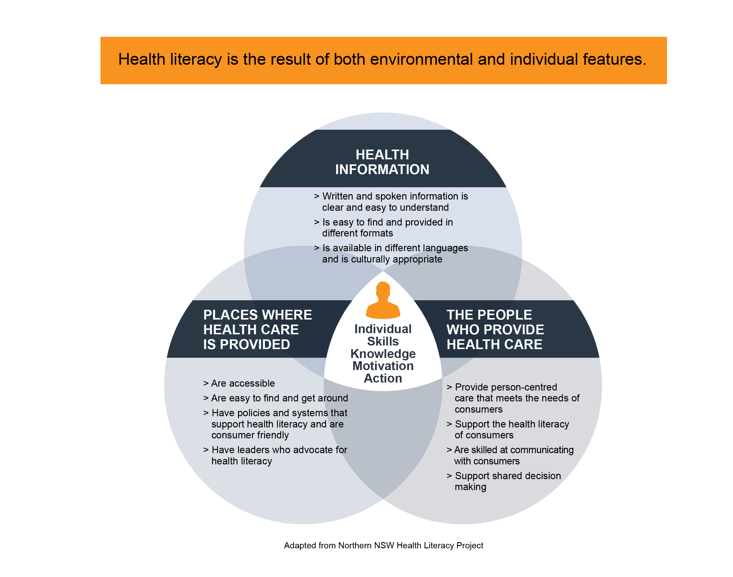Health Literacy is the result of both environmental and individual facts - the quality of health information, the communication skills of people providing care, the physical setting, and their own skills, knowledge and motivation